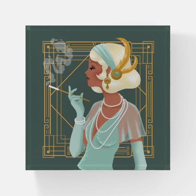1920s Glamorous Art Deco Lady Gold Turquoise Paperweight (Front)