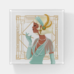 1920s Glamorous Art Deco Lady Gold White Paperweight