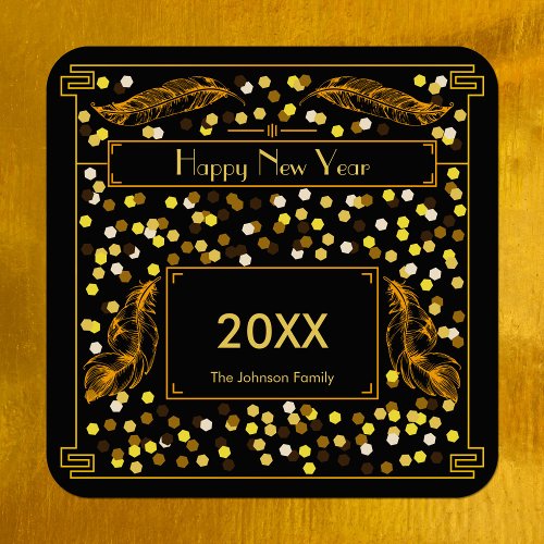 1920s Glitter Gold Art Deco Happy New Year Square Paper Coaster