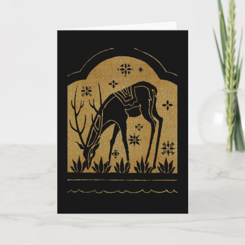 1920s Gold Deer Grazing Deco Xmas Card