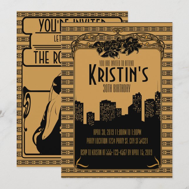 1920's Golden, Art Deco Party Invitations (Front/Back)