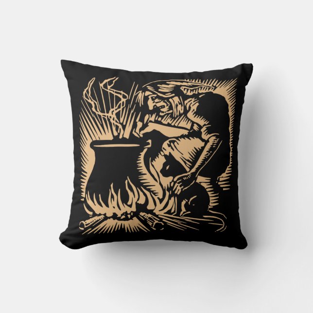 1920s Halloween Witch Cat and Cauldron Woodcut Throw Pillow (Front)