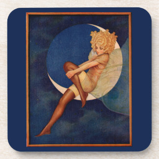 1920s hosiery ad beautiful woman on the moon beverage coaster