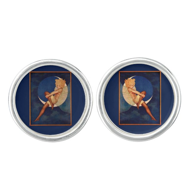 1920s hosiery ad beautiful woman on the moon cufflinks (Front)
