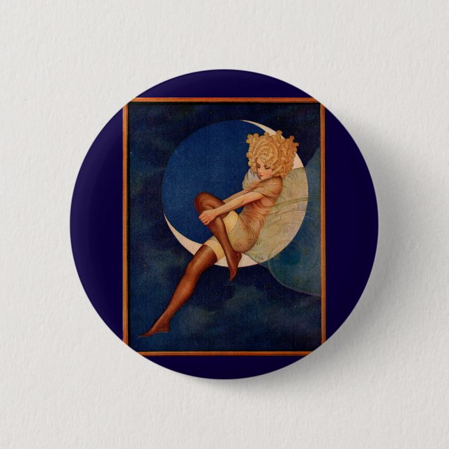 1920s hosiery ad beautiful woman on the moon pinback button (Front)