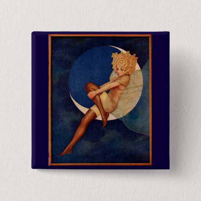 1920s hosiery ad beautiful woman on the moon pinback button (Front)