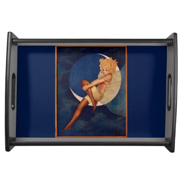 1920s hosiery ad beautiful woman on the moon serving tray (Front)
