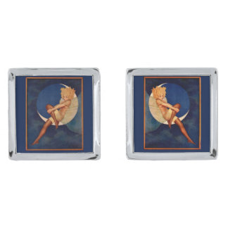 1920s hosiery ad beautiful woman on the moon silver cufflinks