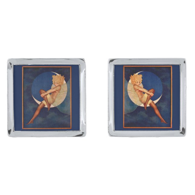 1920s hosiery ad beautiful woman on the moon silver cufflinks (Front)