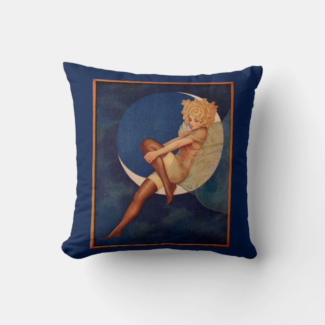 1920s hosiery ad beautiful woman on the moon throw pillow (Front)