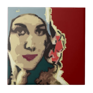 1920s Lady in a Blue Hat Burgundy Ceramic Tile