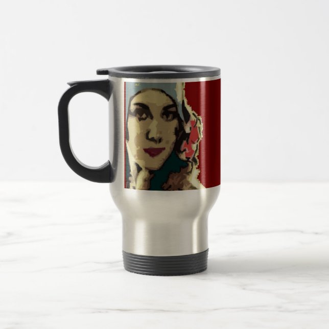 1920s Lady in a Blue Hat Burgundy Travel Mug (Left)