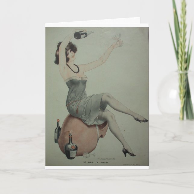 1920s Leggy Flapper Champagne Girl Drinking Wine Card (Front)