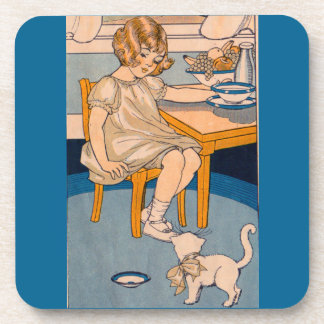 1920s little girl and her little white cat beverage coaster