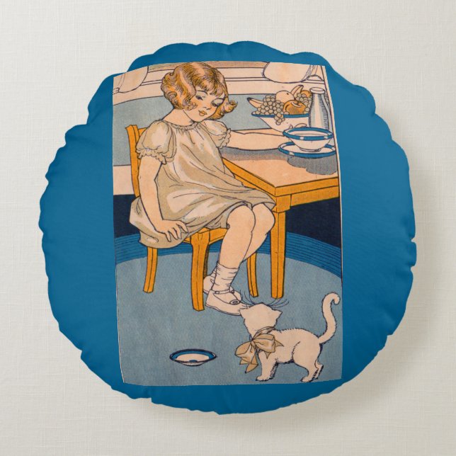 1920s little girl and her little white cat round pillow (Front)
