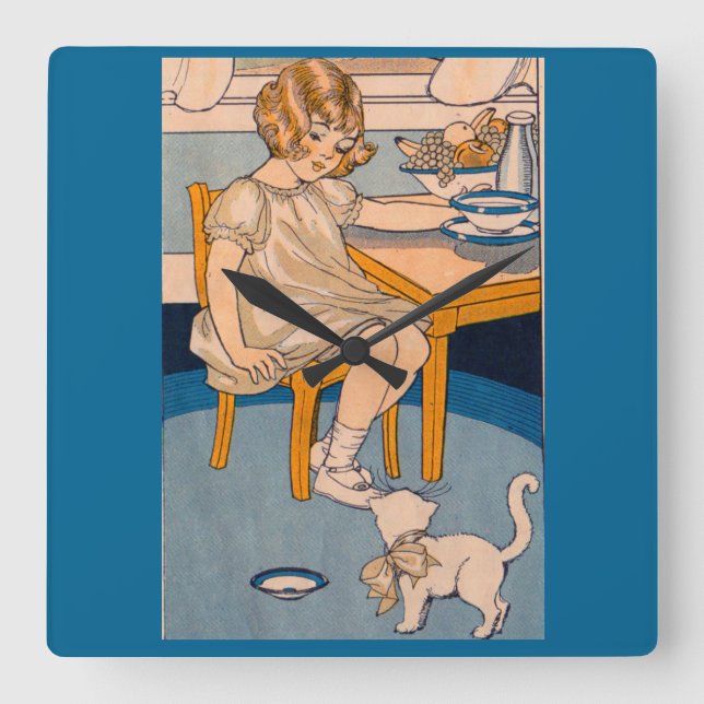 1920s little girl and her little white cat square wall clock (Front)