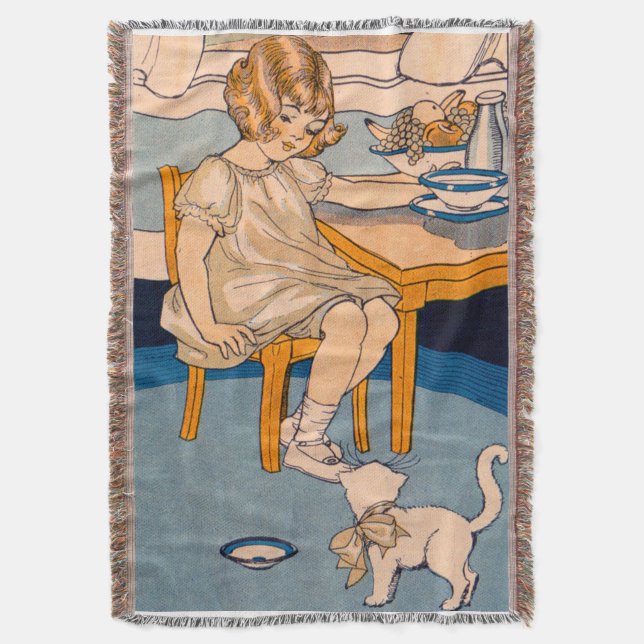 1920s little girl and her little white cat throw blanket (Front Vertical)