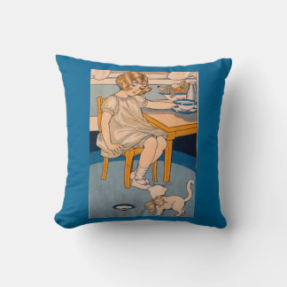 1920s little girl and her little white cat throw pillow