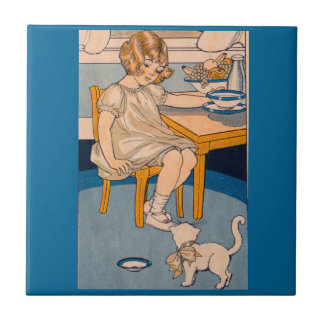 1920s little girl and her little white cat tile
