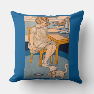 1920s little girl and little white cat throw pillow
