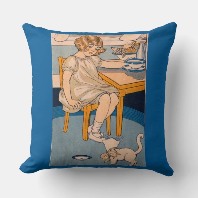 1920s little girl and little white cat throw pillow (Front)