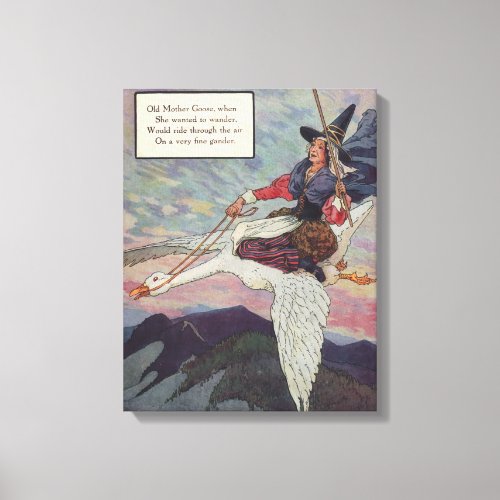 1920s Mother Goose riding her giant goose Canvas Print