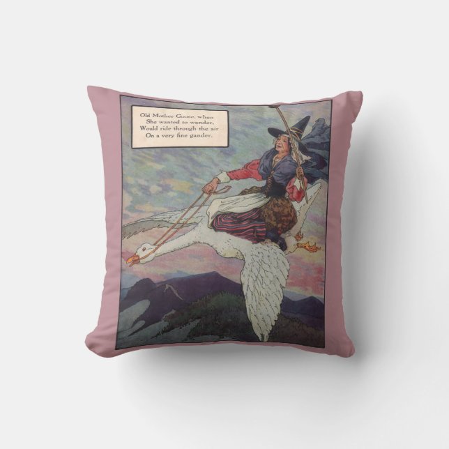 1920s Mother Goose riding her giant goose Throw Pillow (Front)