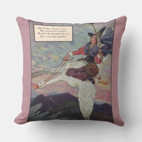 1920s Mother Goose riding her giant goose Throw Pillow