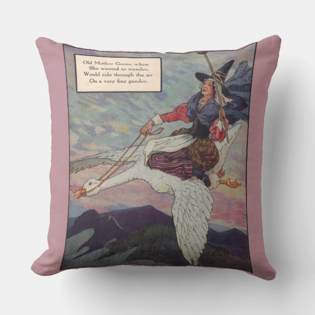 1920s Mother Goose riding her giant goose Throw Pillow (Front)