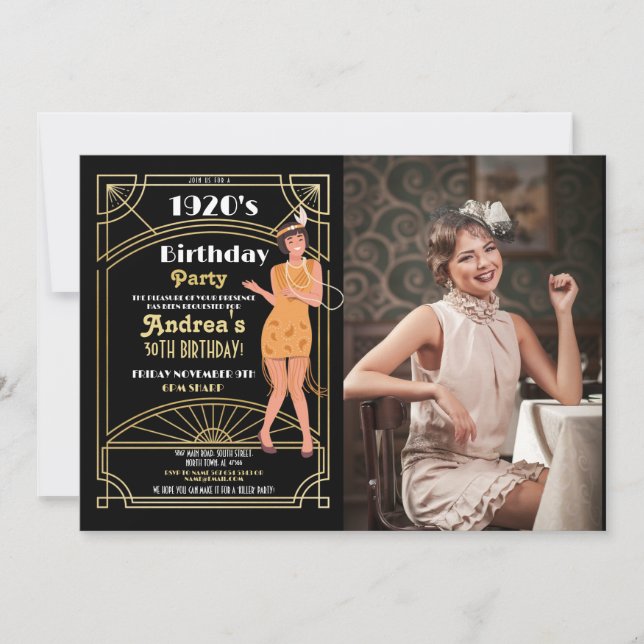 1920's Murder Mystery Birthday Dinner Party Photo Invitation (Front)