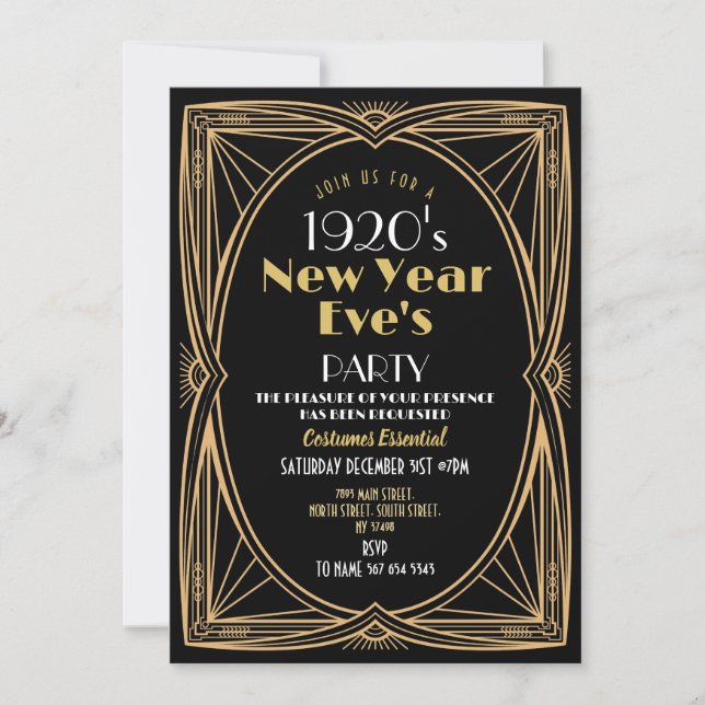 1920s New Year Party Art Deco Black Gold Invitation (Front)