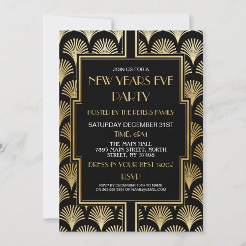 1920s New Years Eve Gatsby Party Black  Gold Fan Invitation