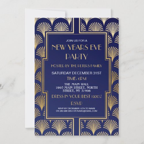 1920s New Years Eve Gatsby Party Navy Gold Fan Invitation