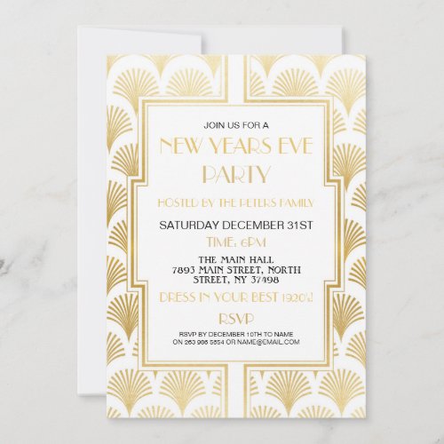 1920s New Years Eve Gatsby Party White Gold Fan Invitation