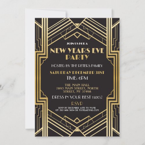 1920s New Years Eve Invite Gatsby Party Gold
