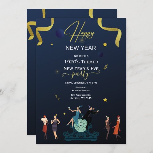 1920s New Years Eve Party Navy Gold Invitation