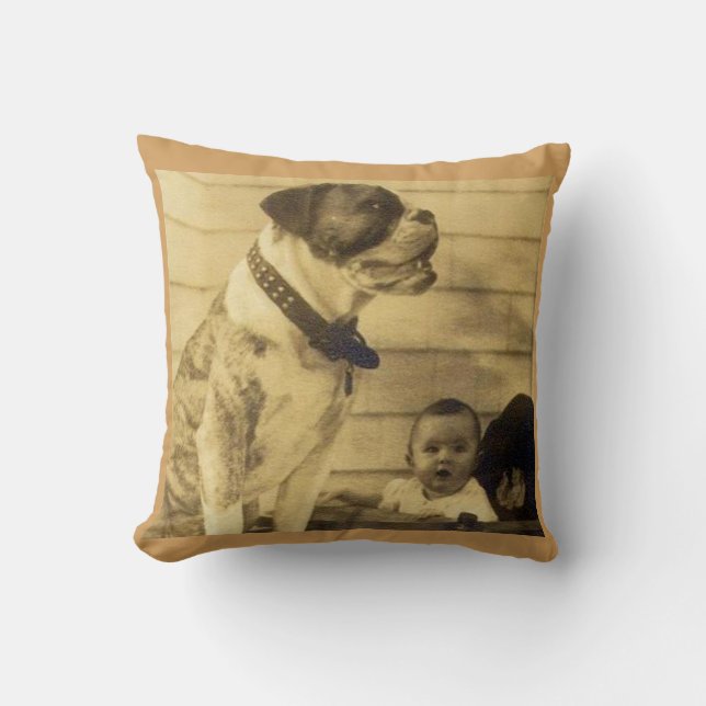1920s pitbull guards baby throw pillow (Front)