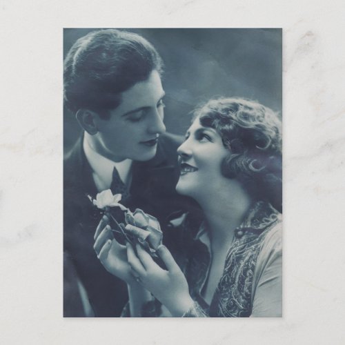 1920s retro couple with rose vintage postcard