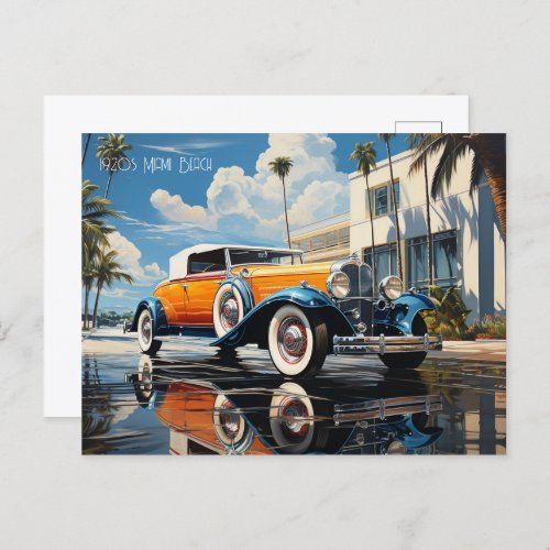 1920s roadster by a beach bungalow in Miami Beach Holiday Postcard