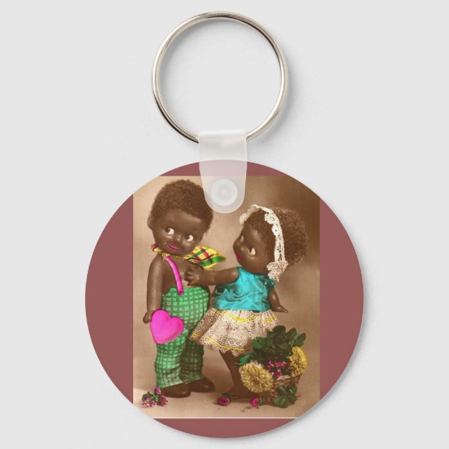 1920s RPPC adorable black dolls in love Keychain (Front)