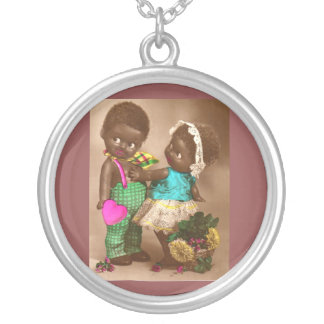 1920s RPPC adorable black dolls in love Silver Plated Necklace