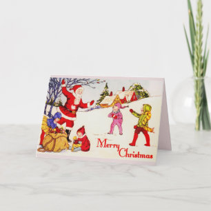 1920's Santa and Children Playing in the Snow Holiday Card