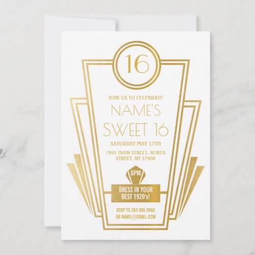 1920s Sweet 16 Birthday Party Art Deco Gatsby Gold Invitation