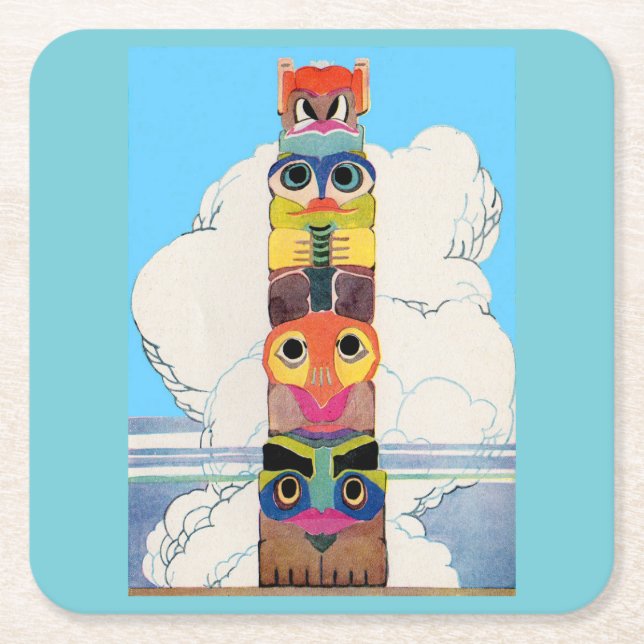 1920s totem pole square paper coaster (Front)