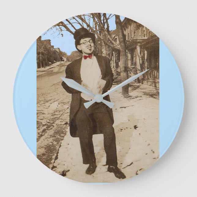 1920s vernacular photo classy young man large clock (Front)