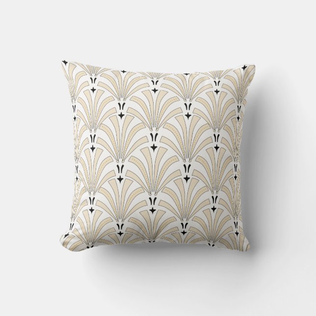1920s Vintage Art Deco Cream & Black Fans Throw Pillow (Front)