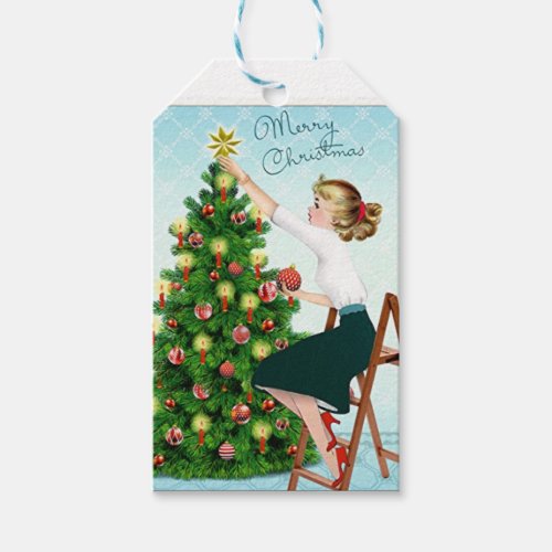 1920s Vintage Lady Decorating Christmas Tree Gift Tags