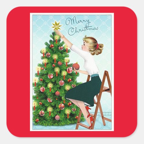 1920s Vintage Lady Decorating Christmas Tree Square Sticker