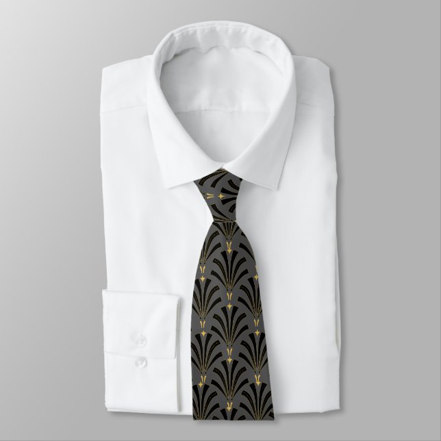 1920s Vintage Roaring Twenties Palmettos Charcoal Neck Tie (Tied)