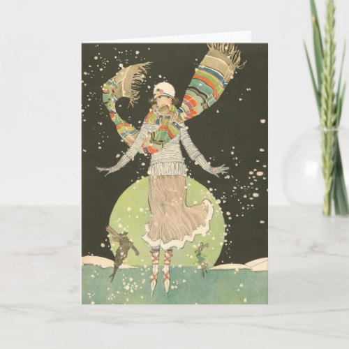 1920s Vintage Woman Ice Skater with Colorful Scarf Card